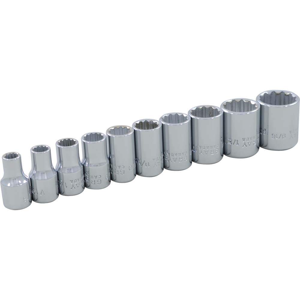 10 Piece 1/4&#34; Drive, 12 Point SAE Standard, Chrome Socket Set, 3/16&#34; - 9/16&#34;<span class=' ItemWarning' style='display:block;'>Item is usually in stock, but we&#39;ll be in touch if there&#39;s a problem<br /></span>