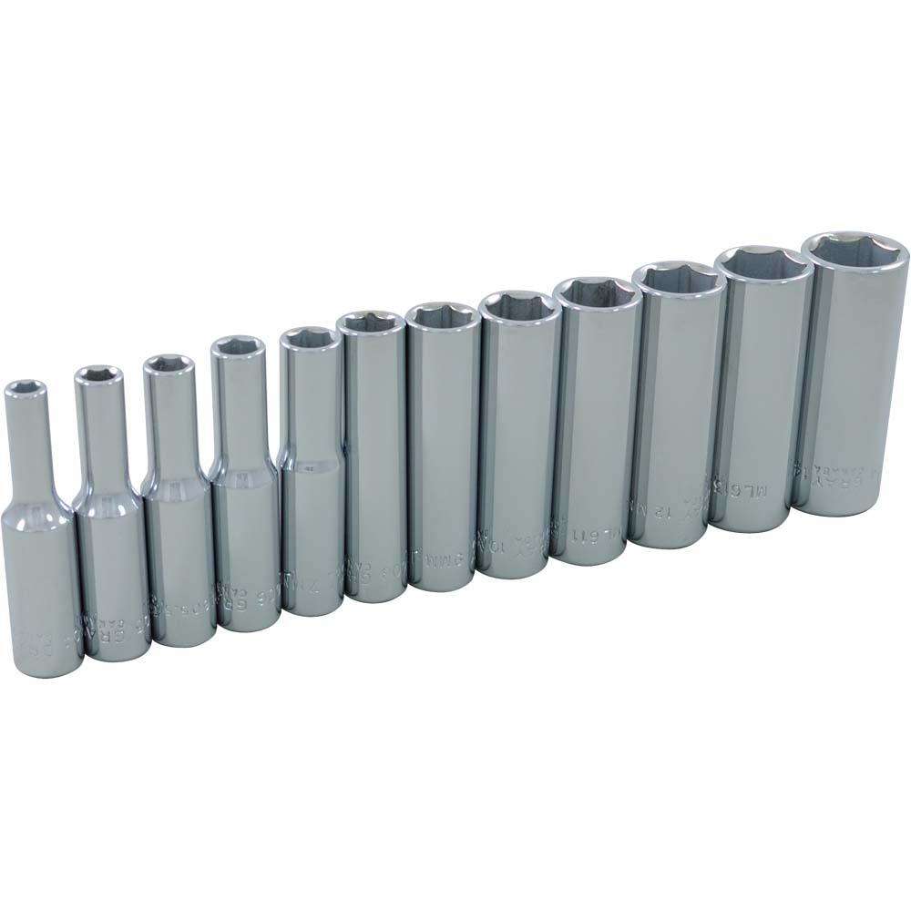 12 Piece 1/4&#34; Drive, 6 Point Metric Deep, Chrome Socket Set, 4mm - 14mm<span class=' ItemWarning' style='display:block;'>Item is usually in stock, but we&#39;ll be in touch if there&#39;s a problem<br /></span>