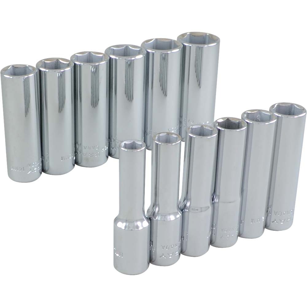 12 Piece 3/8&#34; Drive 6 Point Metric, Deep Chrome Socket Set, 8mm - 19mm<span class='Notice ItemWarning' style='display:block;'>Item has been discontinued<br /></span>