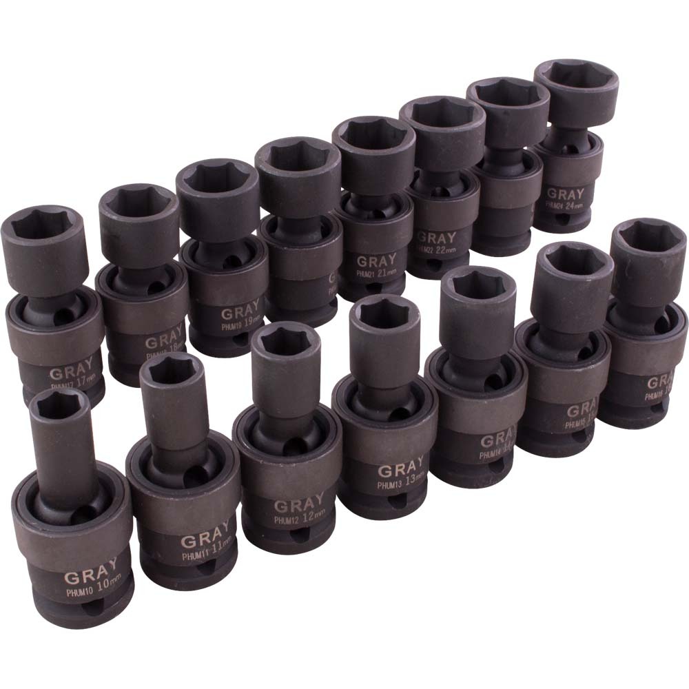 15 Piece 1/2&#34; Drive 6 Point Metric, Standard Impact Universal Joint Socket Set, 10mm - 24mm<span class=' ItemWarning' style='display:block;'>Item is usually in stock, but we&#39;ll be in touch if there&#39;s a problem<br /></span>