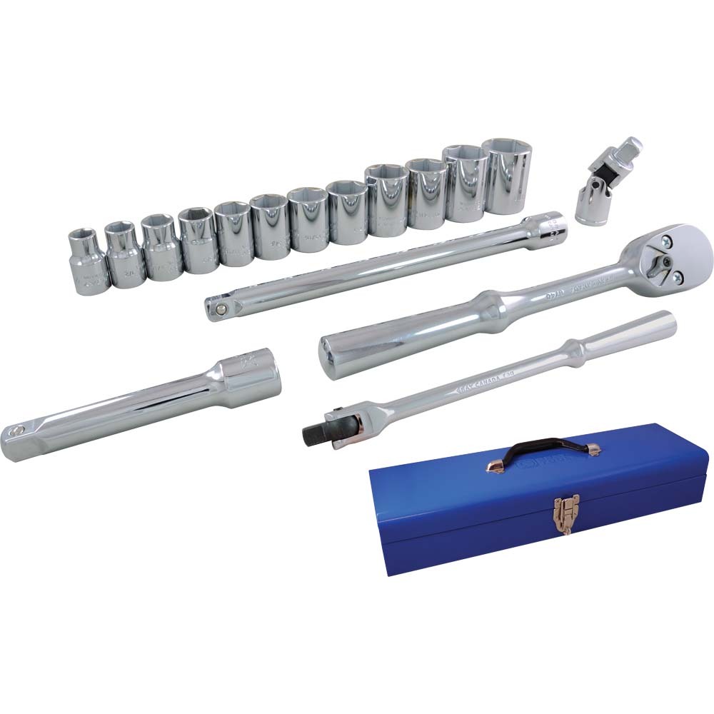 17 Piece 1/2&#34; Drive 6 Point SAE, Standard Chrome Socket & Attachment Set<span class='Notice ItemWarning' style='display:block;'>Item has been discontinued<br /></span>