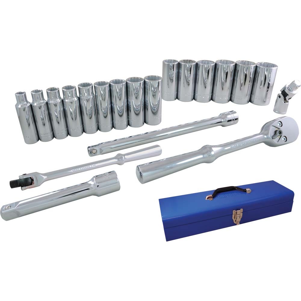 20 Piece 1/2&#34; Drive 12 Point SAE, Deep Chrome Socket & Attachment Set<span class=' ItemWarning' style='display:block;'>Item is usually in stock, but we&#39;ll be in touch if there&#39;s a problem<br /></span>