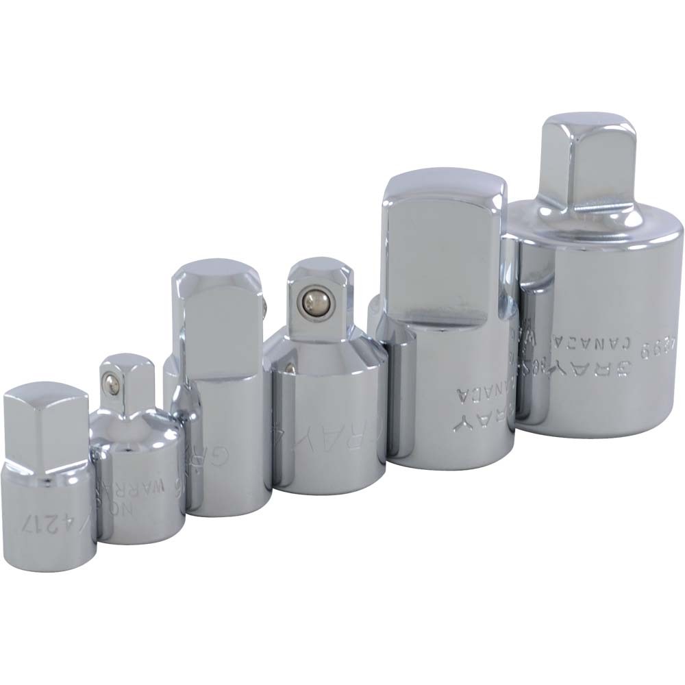 6 Piece Chrome Adapter Set, 1/4, 3/8, 1/2, & 3/4<span class=' ItemWarning' style='display:block;'>Item is usually in stock, but we&#39;ll be in touch if there&#39;s a problem<br /></span>