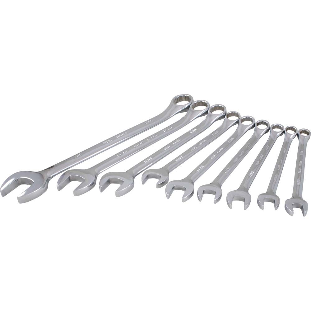 9 Piece 12 Point Metric, Mirror Chrome, Combination Wrench Set, 10mm - 22mm<span class='Notice ItemWarning' style='display:block;'>Item has been discontinued<br /></span>