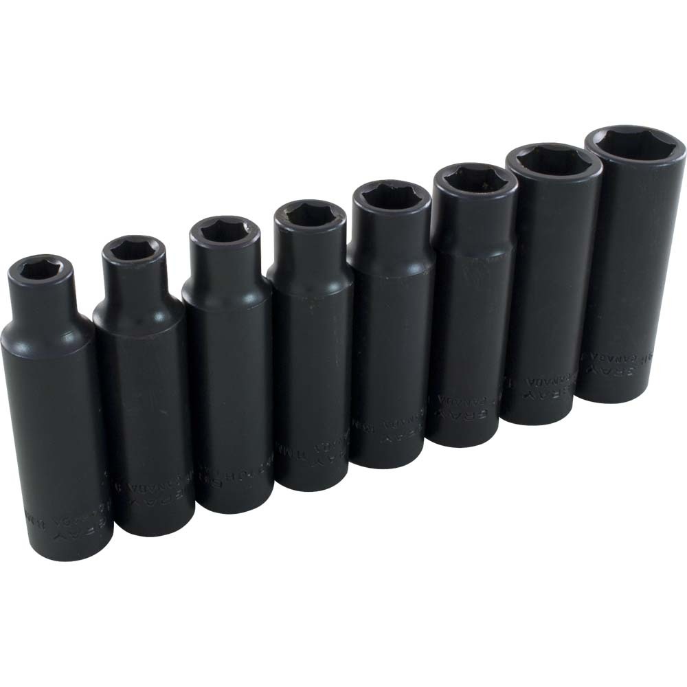 8 Piece 1/2&#34; Drive 6 Point Metric, Deep Length Impact Socket Set, 8mm - 19mm<span class='Notice ItemWarning' style='display:block;'>Item has been discontinued<br /></span>