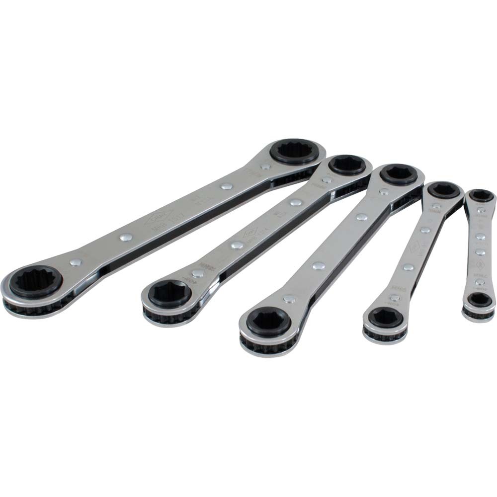 5 Piece 6 & 12 Point Metric, Flat Ratcheting Box Wrench, 7mmx8mm - 15mmx17mm<span class=' ItemWarning' style='display:block;'>Item is usually in stock, but we&#39;ll be in touch if there&#39;s a problem<br /></span>