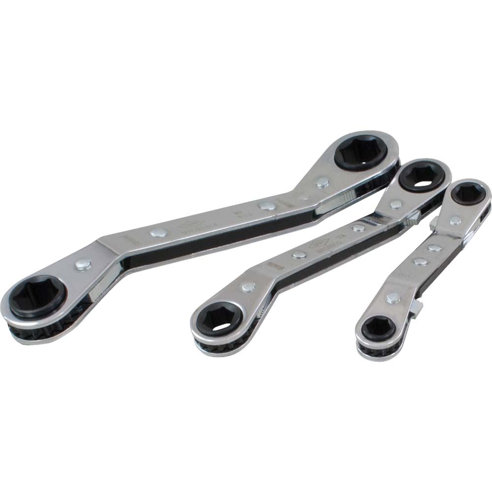 3 Piece 6 Point Metric, 25° Offset Ratcheting Box Wrench, 7mmx8mm - 13mmx14mm<span class='Notice ItemWarning' style='display:block;'>Item has been discontinued<br /></span>