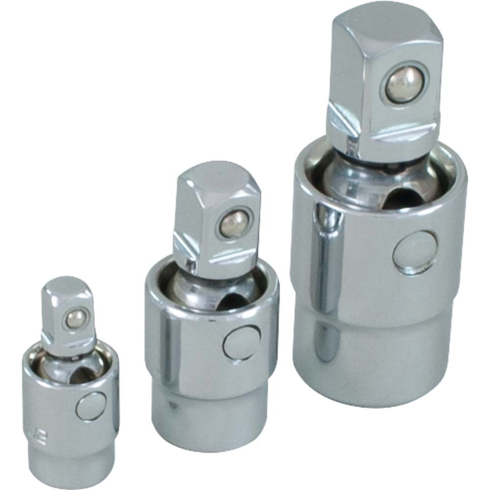 3 Piece Chrome Swivel Universal Joint Set, 1/4&#34;, 3/8&#34; & 1/2&#34;<span class=' ItemWarning' style='display:block;'>Item is usually in stock, but we&#39;ll be in touch if there&#39;s a problem<br /></span>