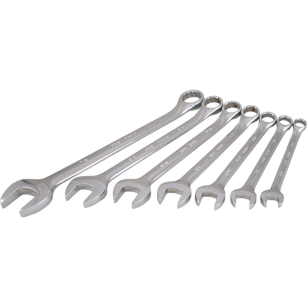 7 Piece 12 Point SAE, Mirror Chrome, Combination Wrench Set, 7/16&#34; - 7/8&#34;<span class=' ItemWarning' style='display:block;'>Item is usually in stock, but we&#39;ll be in touch if there&#39;s a problem<br /></span>