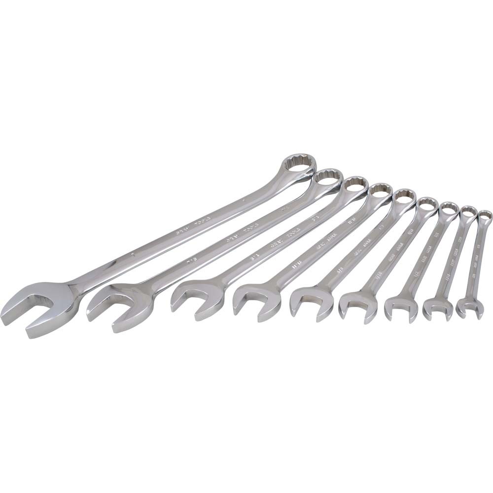 9 Piece 12 Point SAE, Mirror Chrome, Combination Wrench Set, 3/8&#34; - 1&#34;<span class='Notice ItemWarning' style='display:block;'>Item has been discontinued<br /></span>