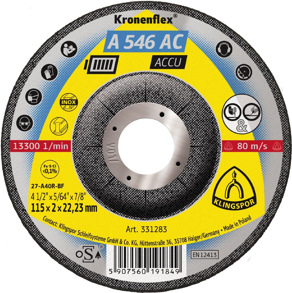 A 546 AC Kronenflex® grinding discs, 4-1/2 x 5/64 x 7/8 Inch depressed centre<span class='Notice ItemWarning' style='display:block;'>Item has been discontinued<br /></span>