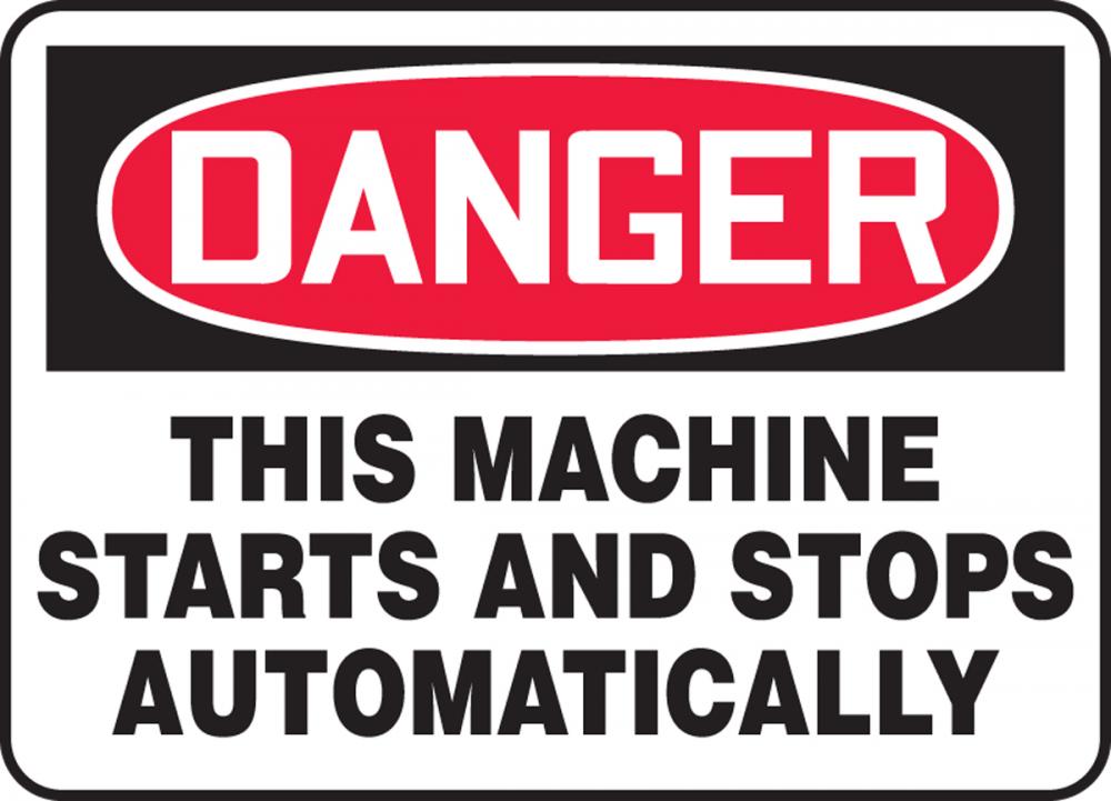 Safety Sign, DANGER THIS MACHINE STARTS AND STOPS AUTOMATICALLY, 7&#34; x 10&#34;, Adhesive Vinyl<span class=' ItemWarning' style='display:block;'>Item is usually in stock, but we&#39;ll be in touch if there&#39;s a problem<br /></span>