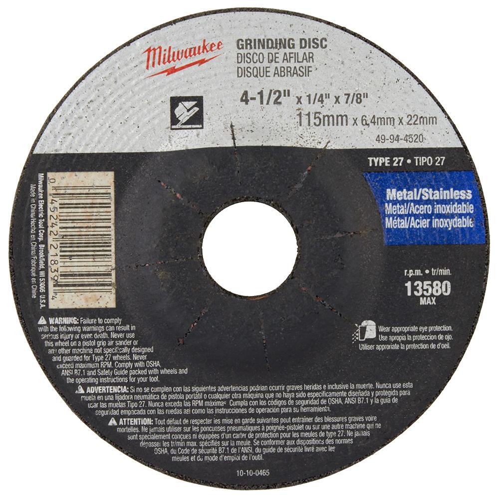 4-1/2 in. x 1/4 in. x 7/8 in. Grinding Wheel (Type 27)<span class=' ItemWarning' style='display:block;'>Item is usually in stock, but we&#39;ll be in touch if there&#39;s a problem<br /></span>