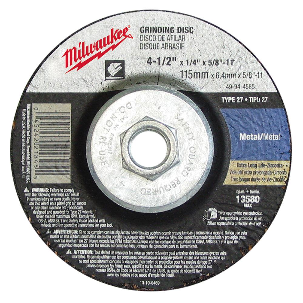 4-1/2 in. x 1/4 in. x 5/8 to 11 in. Grinding Wheel (Type 27)<span class=' ItemWarning' style='display:block;'>Item is usually in stock, but we&#39;ll be in touch if there&#39;s a problem<br /></span>