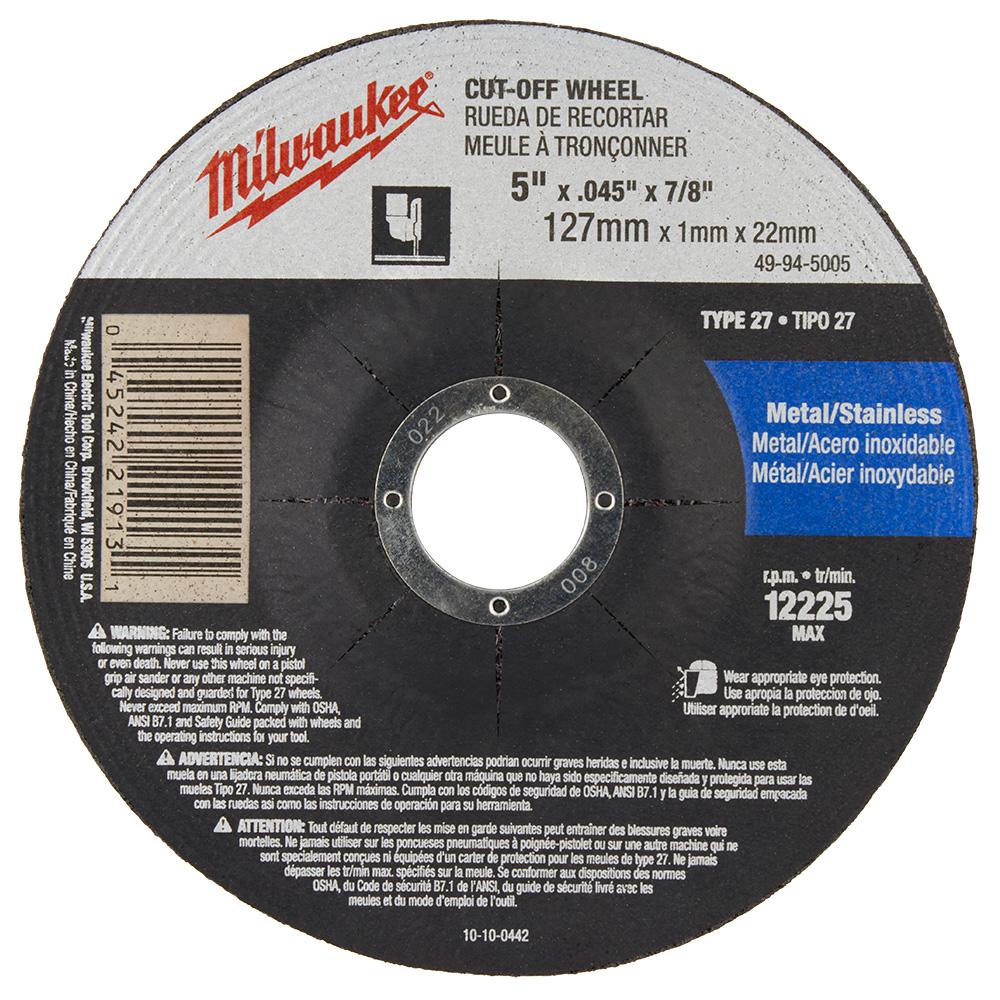 5 in. x .045 in. x 7/8 in. Cut-Off Wheel (Type 27)<span class=' ItemWarning' style='display:block;'>Item is usually in stock, but we&#39;ll be in touch if there&#39;s a problem<br /></span>