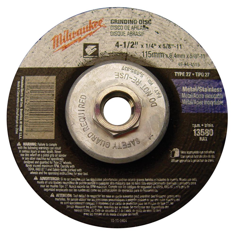 4-1/2 in. x 1/4 in. x 5/8-11 in. Grinding Wheel (Type 27)<span class=' ItemWarning' style='display:block;'>Item is usually in stock, but we&#39;ll be in touch if there&#39;s a problem<br /></span>