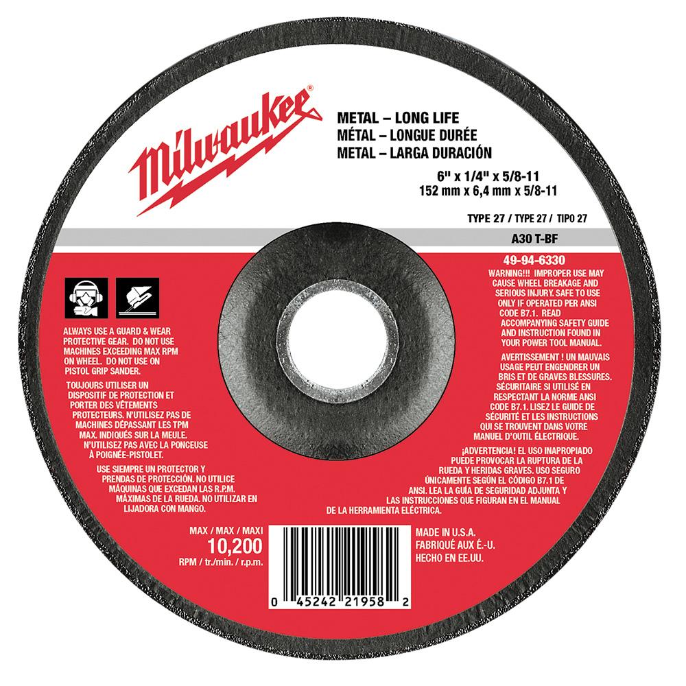 6 in. x 1/4 in. x 5/8-11 in. Grinding Wheel (Type 27)<span class=' ItemWarning' style='display:block;'>Item is usually in stock, but we&#39;ll be in touch if there&#39;s a problem<br /></span>