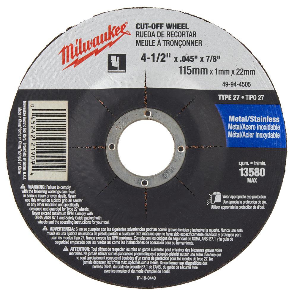 4-1/2 in. x .045 in. x 7/8 in. Cut-Off Wheel (Type 27)<span class=' ItemWarning' style='display:block;'>Item is usually in stock, but we&#39;ll be in touch if there&#39;s a problem<br /></span>