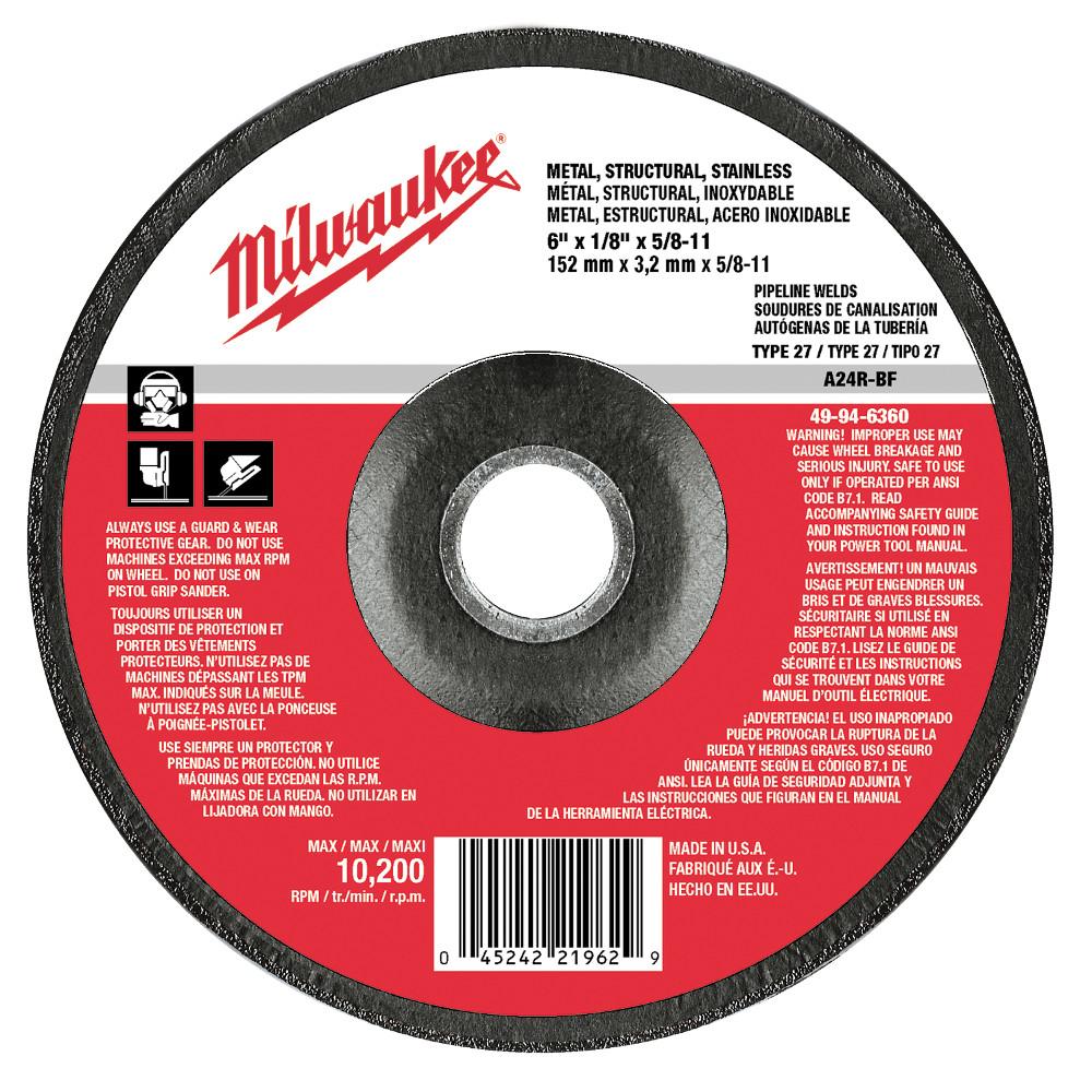 6 in. x 1/8 in. x 5/8-11 in. Grinding Wheel (Type 27)<span class=' ItemWarning' style='display:block;'>Item is usually in stock, but we&#39;ll be in touch if there&#39;s a problem<br /></span>