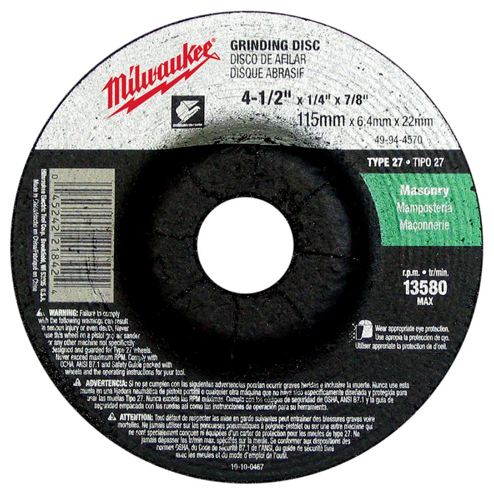 4-1/2 in. x 1/4 in. x 7/8 in. Grinding Wheel (Type 27)<span class=' ItemWarning' style='display:block;'>Item is usually in stock, but we&#39;ll be in touch if there&#39;s a problem<br /></span>