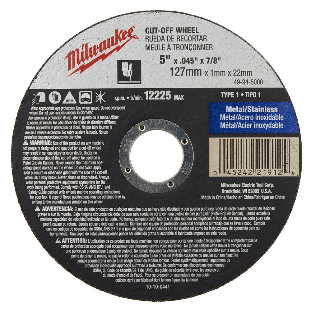 5 in. x .045 in. x 7/8 in. Cut-Off Wheel (Type 1)<span class=' ItemWarning' style='display:block;'>Item is usually in stock, but we&#39;ll be in touch if there&#39;s a problem<br /></span>