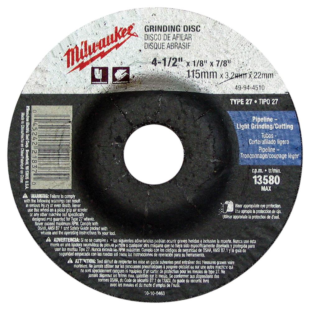 4-1/2 in. x 1/8 in. x 7/8 in. Grinding Wheel (Type 27)<span class=' ItemWarning' style='display:block;'>Item is usually in stock, but we&#39;ll be in touch if there&#39;s a problem<br /></span>