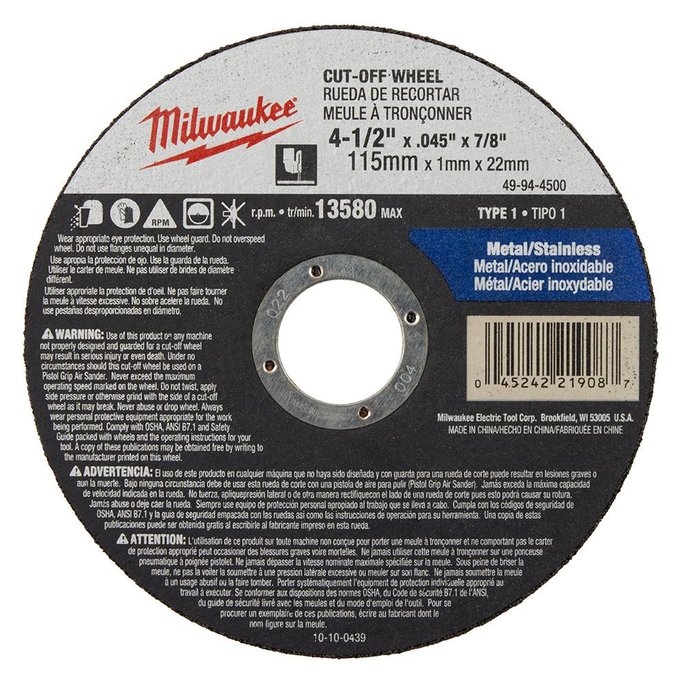 4-1/2 in. x .045 in. x 7/8 in. Cut-Off Wheel (Type 1)<span class=' ItemWarning' style='display:block;'>Item is usually in stock, but we&#39;ll be in touch if there&#39;s a problem<br /></span>