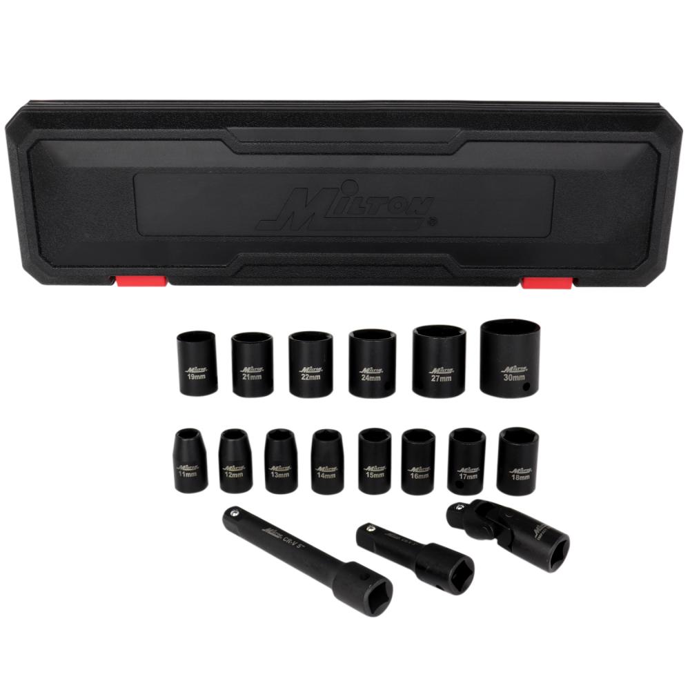 Milton 1/2 Drive Shallow 11-30 Metric Impact Socket Set w/Universal Joint & Extension Bars (17-Piece<span class=' ItemWarning' style='display:block;'>Item is usually in stock, but we&#39;ll be in touch if there&#39;s a problem<br /></span>