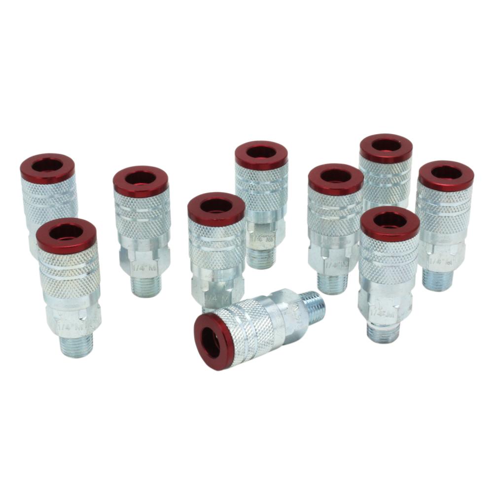 ColorFit® Pneumatic Couplers - (M-style, Red) - 1/4&#34; NPT Male, (Box of 10)<span class=' ItemWarning' style='display:block;'>Item is usually in stock, but we&#39;ll be in touch if there&#39;s a problem<br /></span>