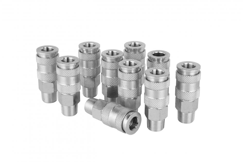 3/8&#34; MNPT High Flow (V-Style) Quick-Connect Steel Coupler -Box of 10<span class=' ItemWarning' style='display:block;'>Item is usually in stock, but we&#39;ll be in touch if there&#39;s a problem<br /></span>