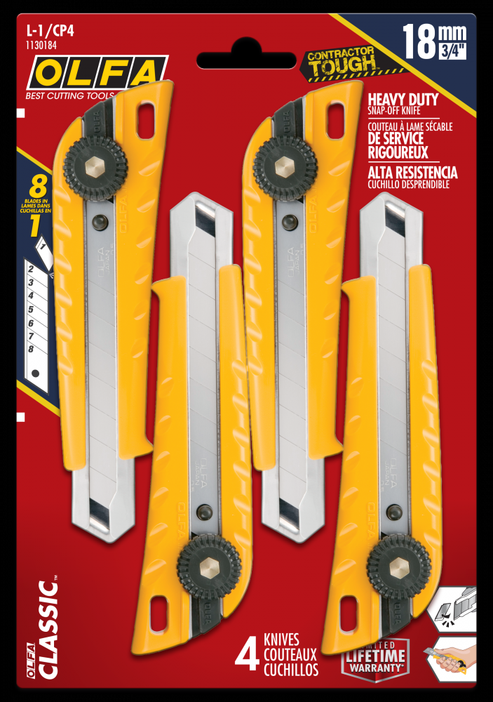 L-1/CP4 18mm HD ratchet-lock knife -4pk<span class=' ItemWarning' style='display:block;'>Item is usually in stock, but we&#39;ll be in touch if there&#39;s a problem<br /></span>