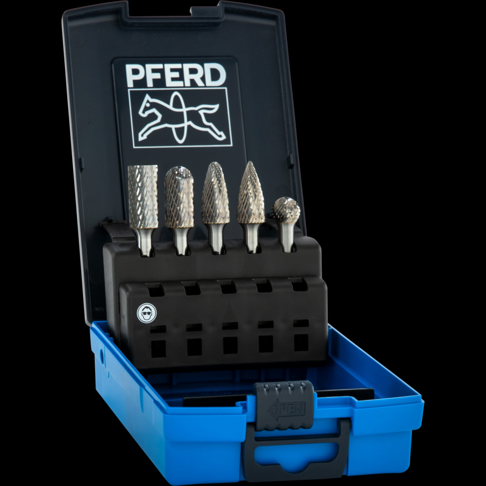 PFERD Carbide Bur Set 5 Piece TOUGH Cut/Double Cut 1/4&#34; Shank Plastic Case<span class=' ItemWarning' style='display:block;'>Item is usually in stock, but we&#39;ll be in touch if there&#39;s a problem<br /></span>