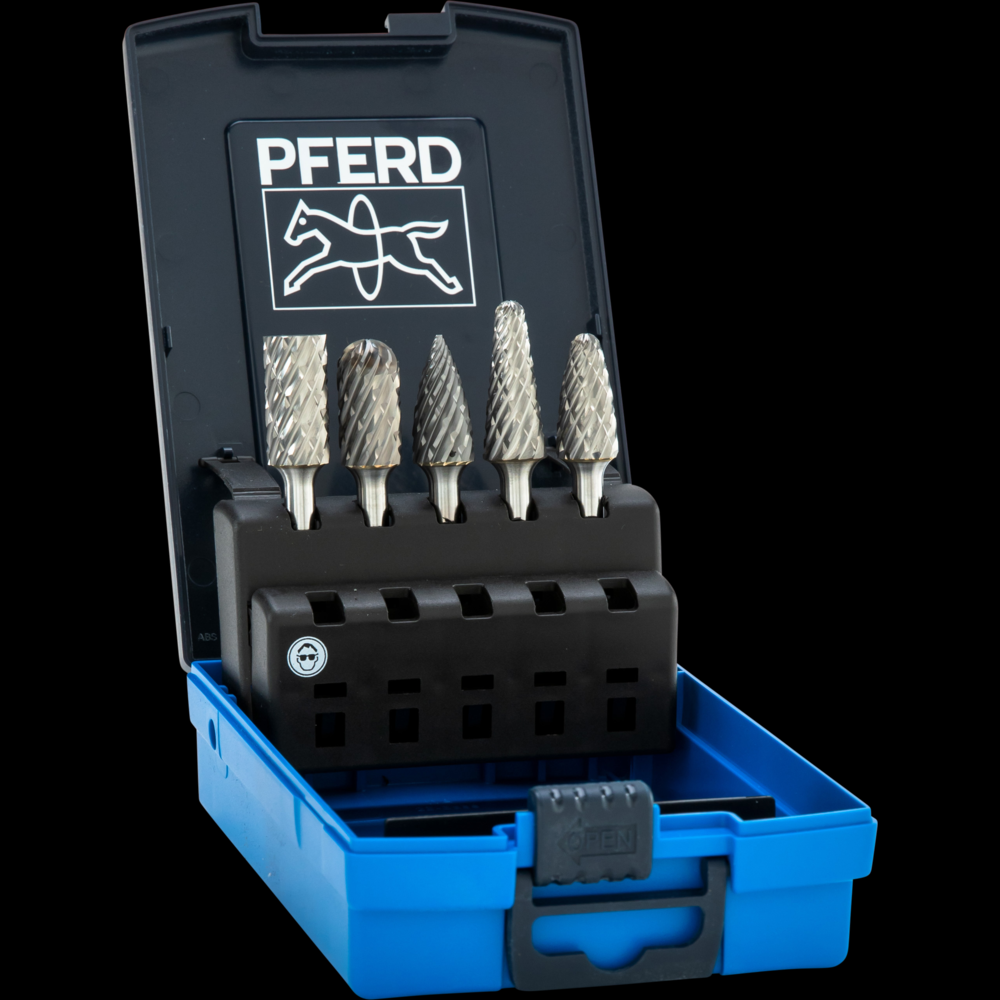 PFERD Carbide Bur Set 5 Piece STEEL Cut 1/4&#34; Shank Plastic Case<span class=' ItemWarning' style='display:block;'>Item is usually in stock, but we&#39;ll be in touch if there&#39;s a problem<br /></span>