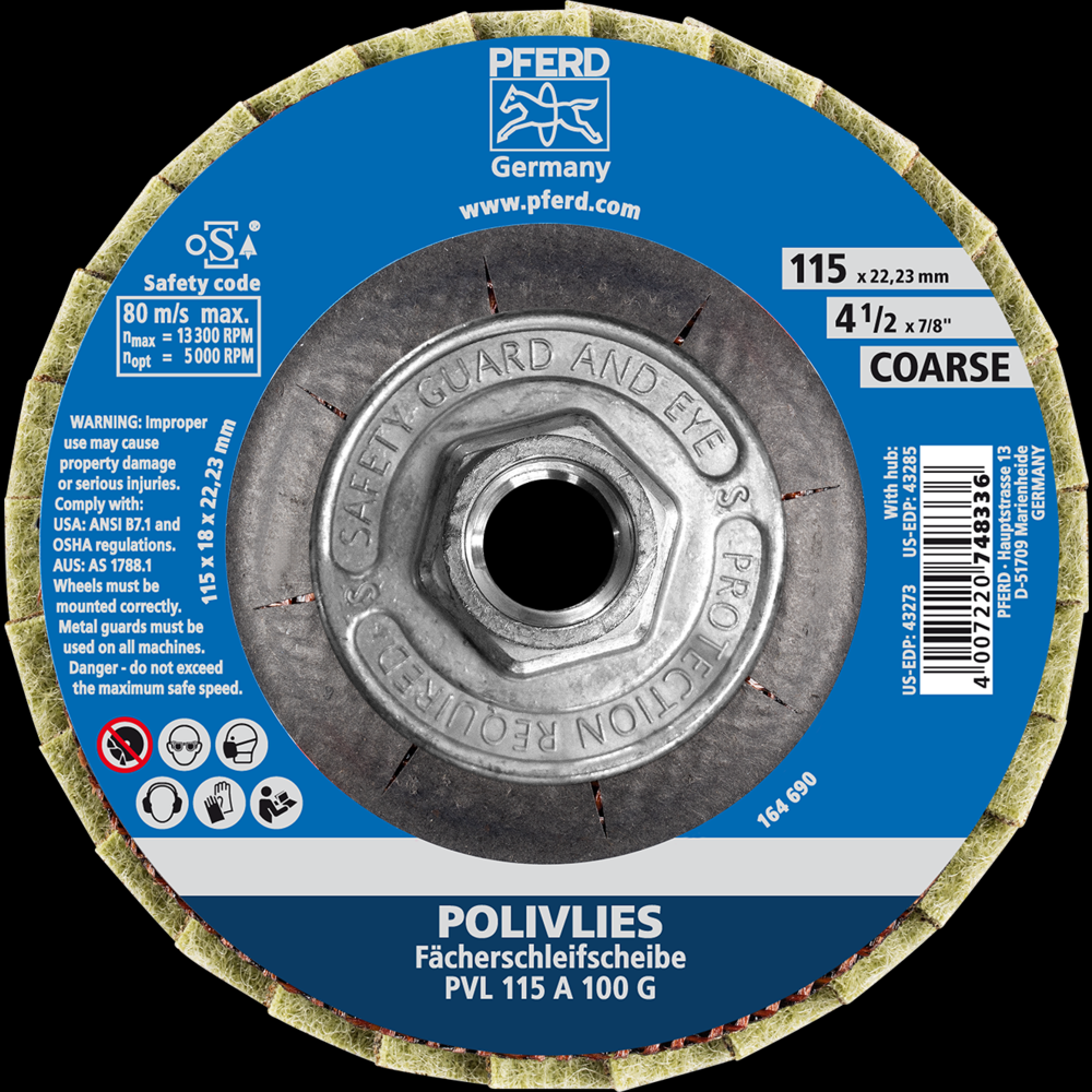 PFERD POLIVLIES® Non-Woven Flap Disc, 4-1/2&#34; x 5/8-11, 100 Grit, Coarse,Aluminum oxide<span class=' ItemWarning' style='display:block;'>Item is usually in stock, but we&#39;ll be in touch if there&#39;s a problem<br /></span>