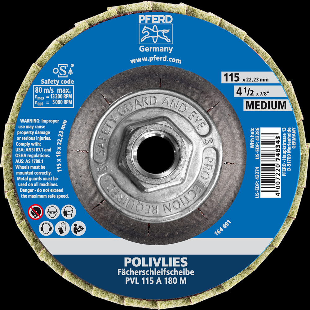 PFERD POLIVLIES® Non-Woven Flap Disc, 4-1/2&#34; x 5/8-11, 180 Grit, Medium,Aluminum oxide<span class=' ItemWarning' style='display:block;'>Item is usually in stock, but we&#39;ll be in touch if there&#39;s a problem<br /></span>