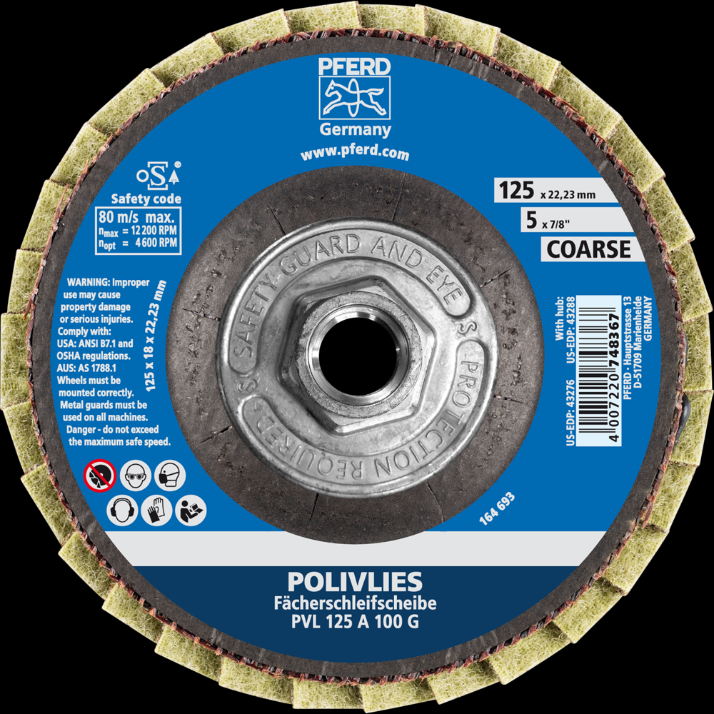 PFERD POLIVLIES® Non-Woven Flap Disc, 5&#34; x 5/8-11, 100 Grit, Coarse, Aluminum oxide<span class=' ItemWarning' style='display:block;'>Item is usually in stock, but we&#39;ll be in touch if there&#39;s a problem<br /></span>