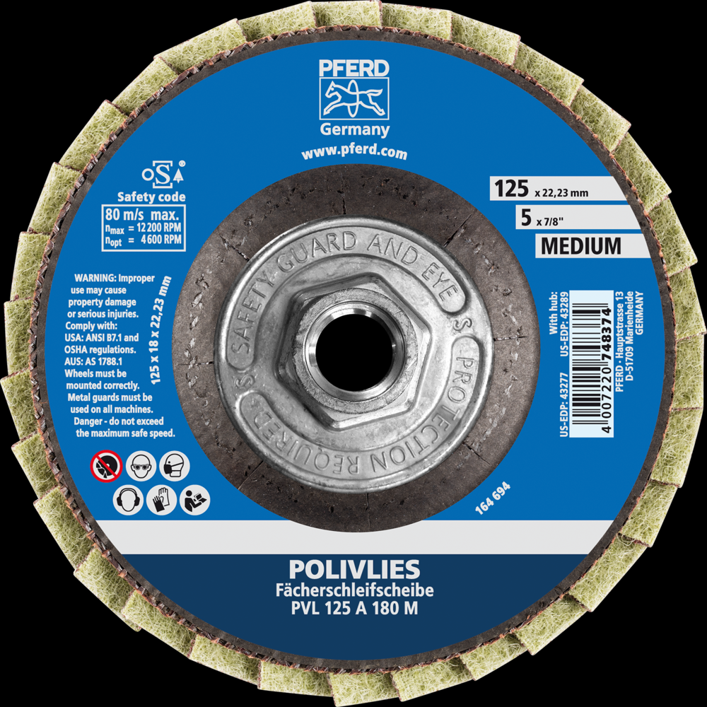 PFERD POLIVLIES® Non-Woven Flap Disc, 5&#34; x 5/8-11, 180 Grit, Medium, Aluminum oxide<span class=' ItemWarning' style='display:block;'>Item is usually in stock, but we&#39;ll be in touch if there&#39;s a problem<br /></span>