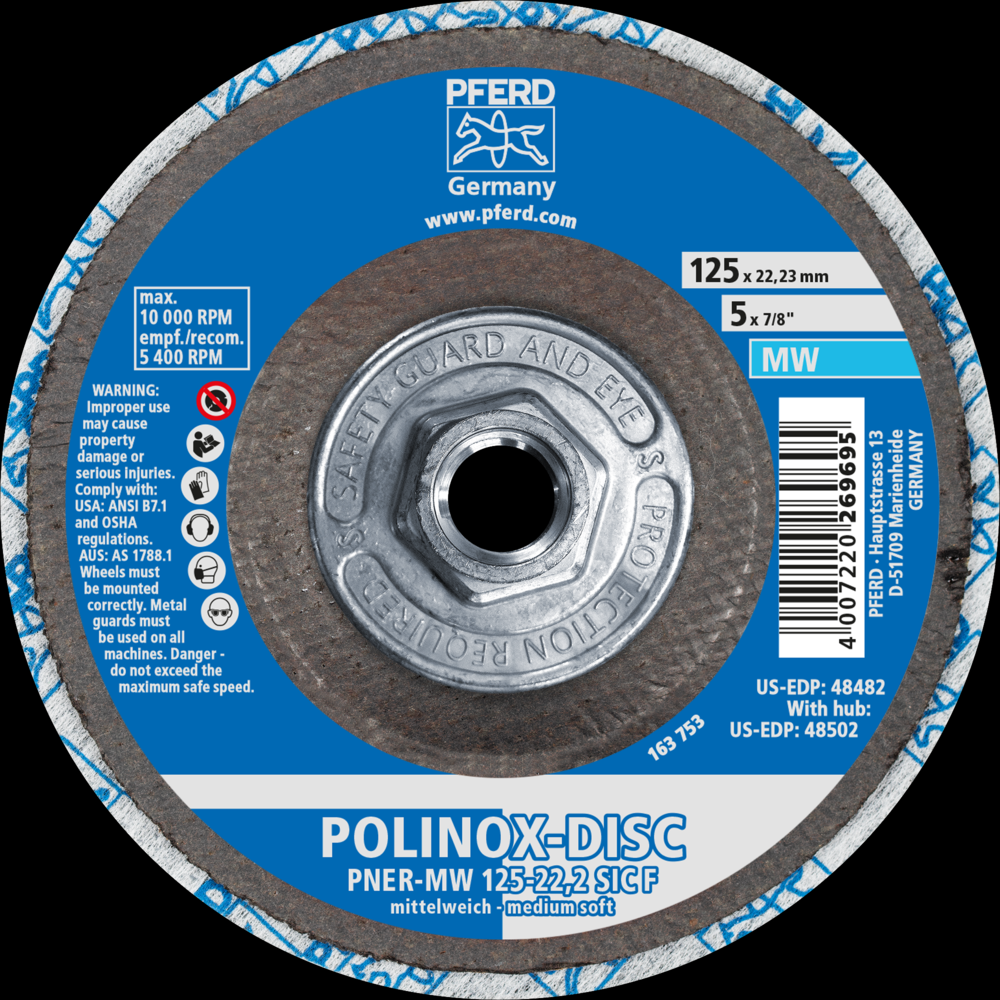 PFERD POLINOX® Unitized Disc, 5&#34; x 1/2 x 5/8-11, T27, Fine, Soft, 3SF, Silicon carbide<span class=' ItemWarning' style='display:block;'>Item is usually in stock, but we&#39;ll be in touch if there&#39;s a problem<br /></span>