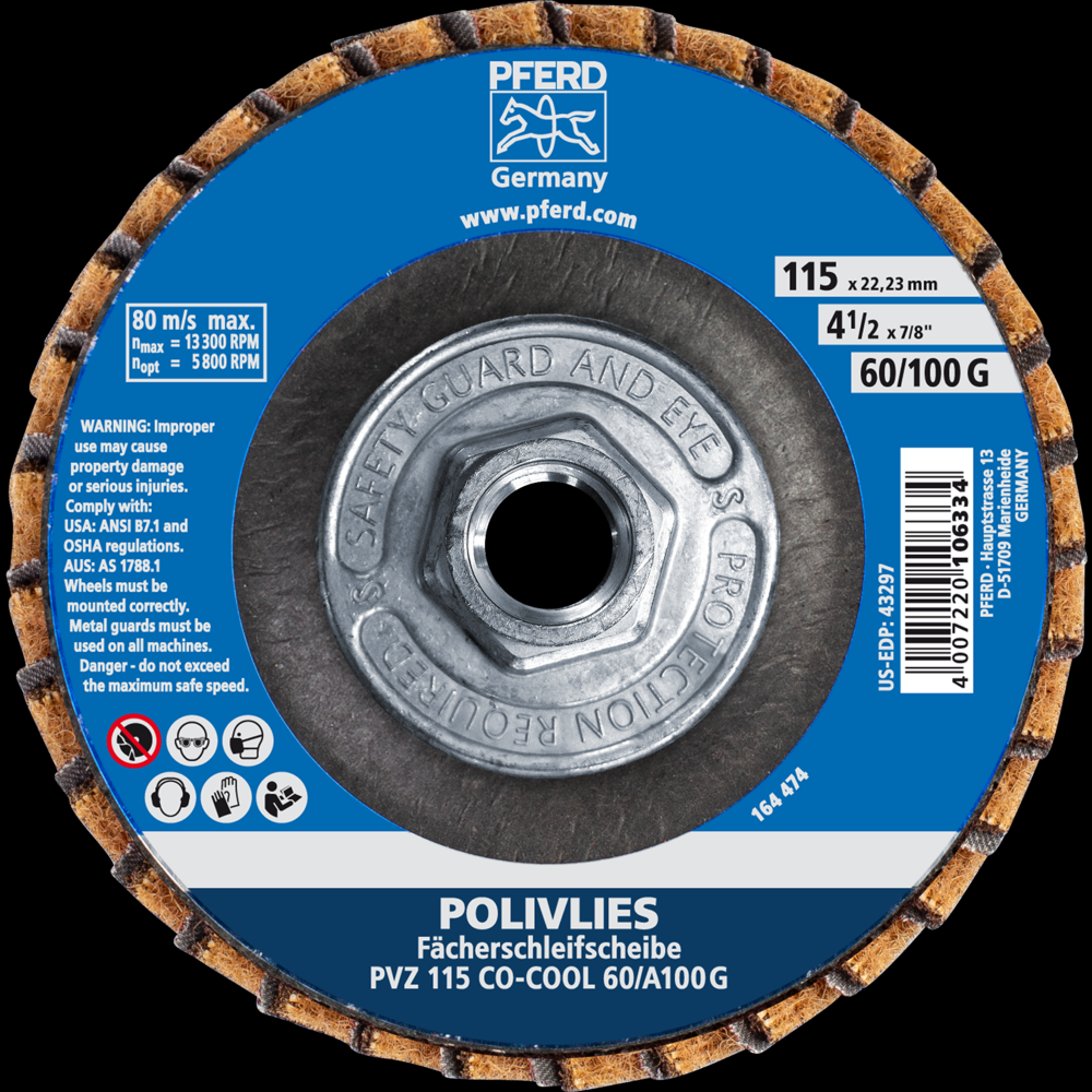 PFERD POLIVLIES® Non-Woven Flap Disc, 4-1/2&#34;x5/8-11, 60 Grit, Coarse, Ceramic CO-COOL<span class=' ItemWarning' style='display:block;'>Item is usually in stock, but we&#39;ll be in touch if there&#39;s a problem<br /></span>