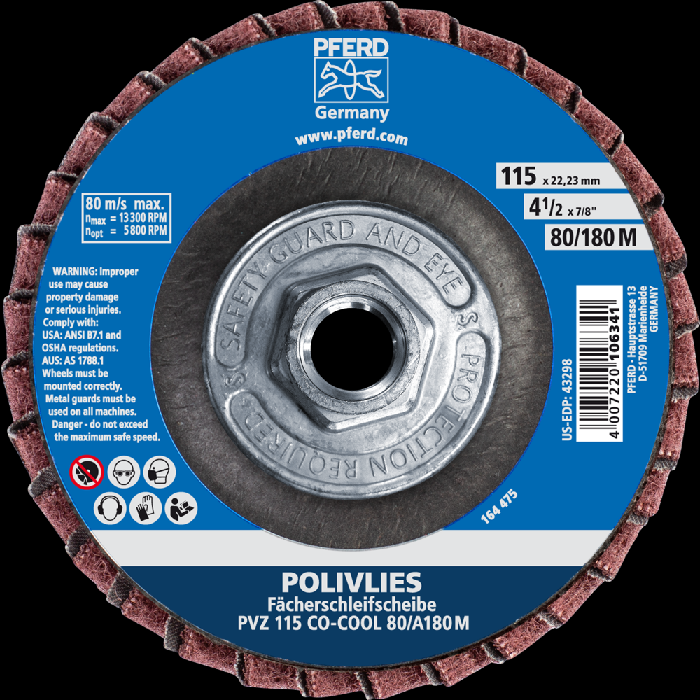 PFERD POLIVLIES® Non-Woven Flap Disc, 4-1/2&#34;x5/8-11, 80 Grit, Medium, Ceramic CO-COOL<span class=' ItemWarning' style='display:block;'>Item is usually in stock, but we&#39;ll be in touch if there&#39;s a problem<br /></span>