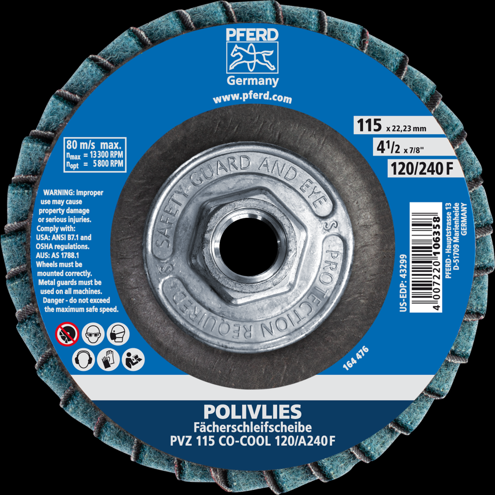 PFERD POLIVLIES® Non-Woven Flap Disc, 4-1/2&#34;x5/8-11, 120 Grit, Fine, Ceramic CO-COOL<span class=' ItemWarning' style='display:block;'>Item is usually in stock, but we&#39;ll be in touch if there&#39;s a problem<br /></span>