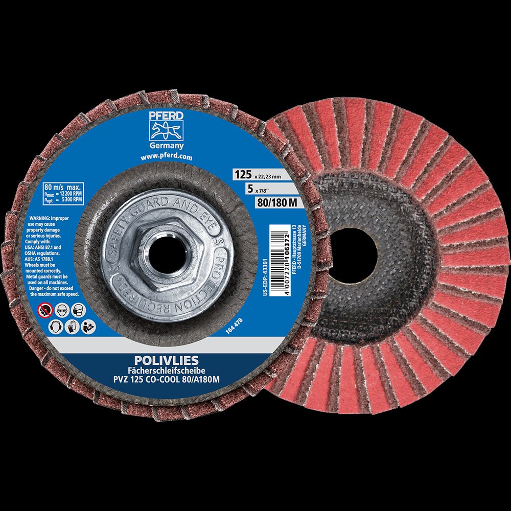 PFERD POLIVLIES® Non-Woven Flap Disc, 5&#34;x5/8-11, 80 Grit, Medium,Ceramic oxide CO-COOL<span class=' ItemWarning' style='display:block;'>Item is usually in stock, but we&#39;ll be in touch if there&#39;s a problem<br /></span>