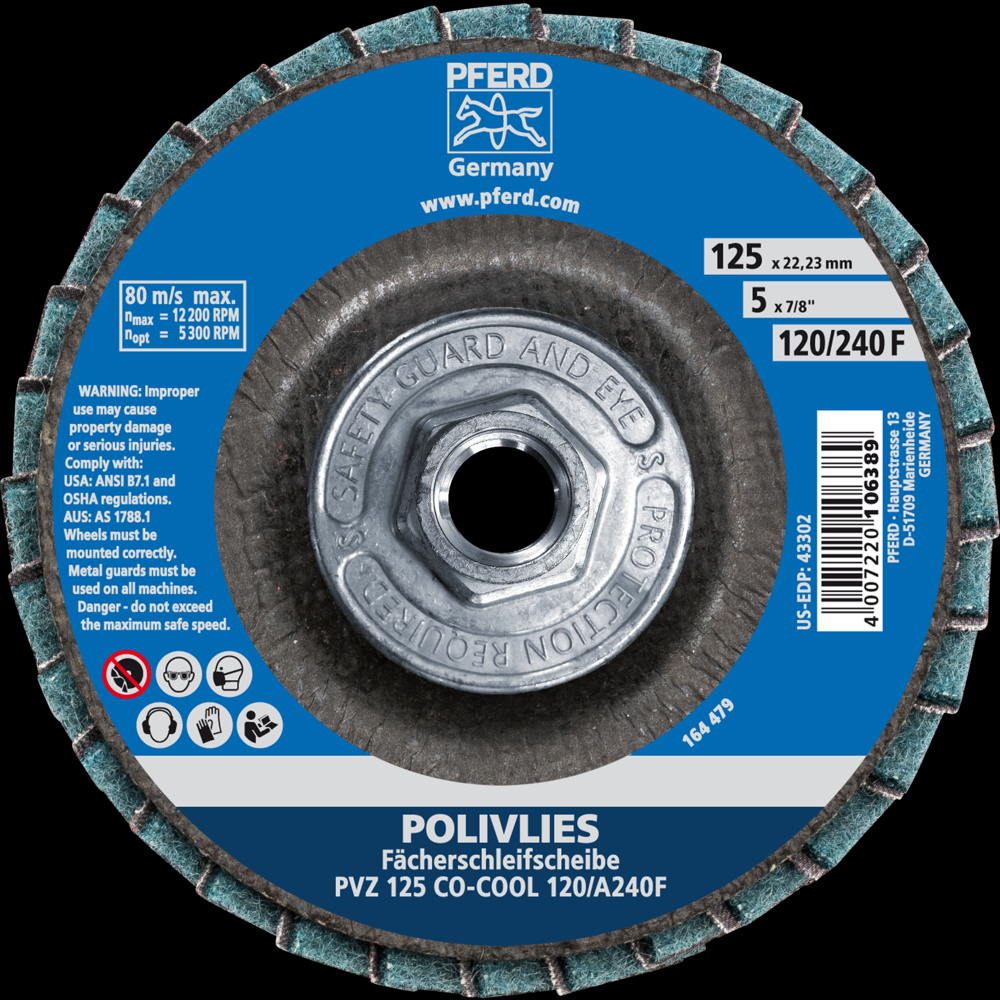 PFERD POLIVLIES® Non-Woven Flap Disc, 5&#34;x5/8-11, 120 Grit, Fine, Ceramic oxide CO-COOL<span class=' ItemWarning' style='display:block;'>Item is usually in stock, but we&#39;ll be in touch if there&#39;s a problem<br /></span>