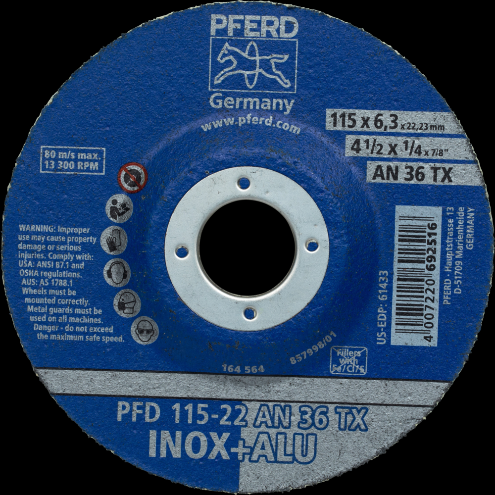 PFERD Textile Wheel for Angle Grinders, 4-1/2&#34; x 1/4 x 7/8, 36 Grit,T27,Aluminum oxide<span class=' ItemWarning' style='display:block;'>Item is usually in stock, but we&#39;ll be in touch if there&#39;s a problem<br /></span>