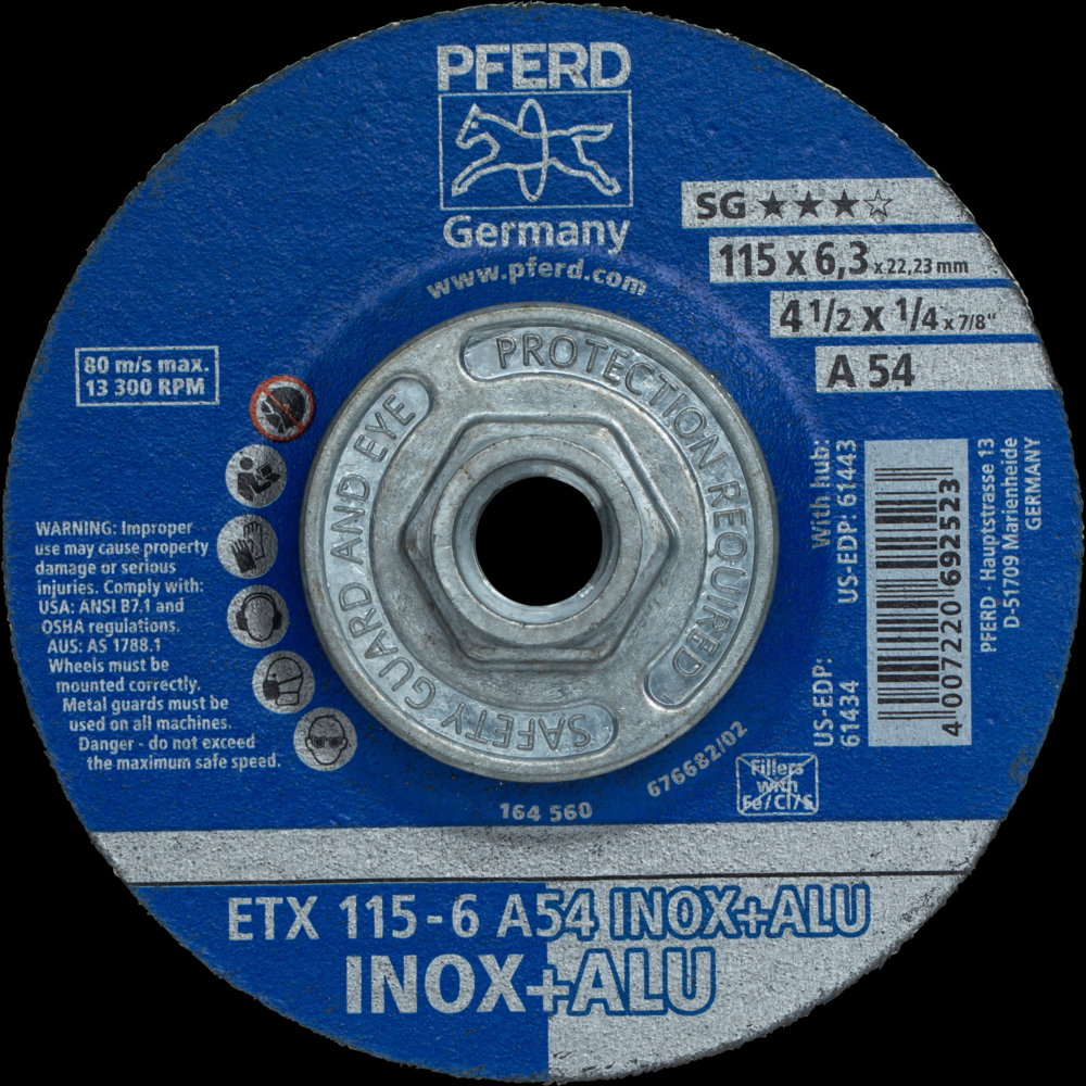 PFERD Textile Wheel for Angle Grinders,4-1/2&#34; x 1/4 x5/8-11,54 Grit,T27,Aluminum oxide<span class=' ItemWarning' style='display:block;'>Item is usually in stock, but we&#39;ll be in touch if there&#39;s a problem<br /></span>