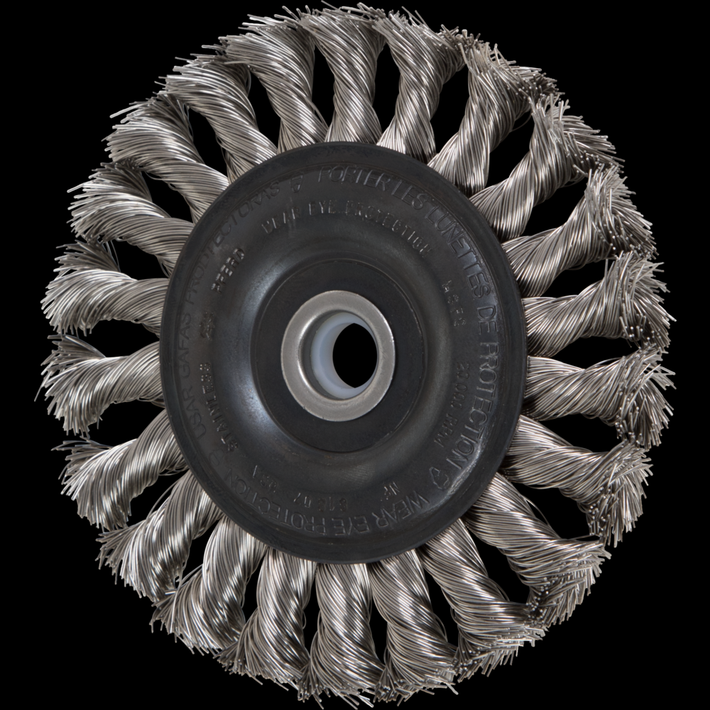 PFERD Standard Twist Knot Wire Wheel Brush 4&#34; Dia. .014 Stainless Steel 1/2-3/8&#34; Arbor<span class=' ItemWarning' style='display:block;'>Item is usually in stock, but we&#39;ll be in touch if there&#39;s a problem<br /></span>