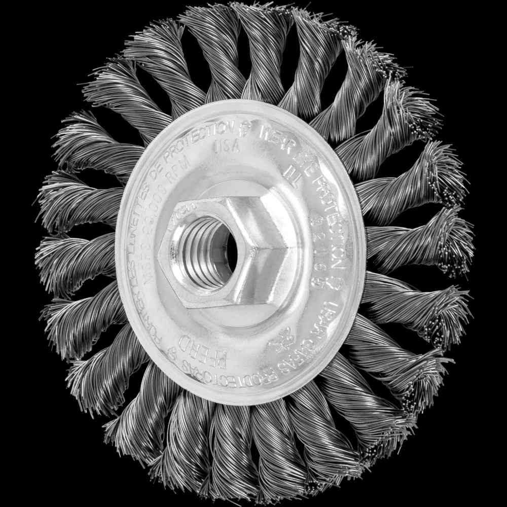 PFERD Full Cable Knot Wheel Brush 4&#34; Dia. .014 Carbon Steel 5/8-11&#34; Thread<span class=' ItemWarning' style='display:block;'>Item is usually in stock, but we&#39;ll be in touch if there&#39;s a problem<br /></span>