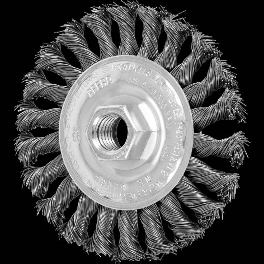 PFERD Full Cable Knot Wheel Brush 4&#34; Dia. .020 Carbon Steel 5/8-11&#34; Thread<span class=' ItemWarning' style='display:block;'>Item is usually in stock, but we&#39;ll be in touch if there&#39;s a problem<br /></span>