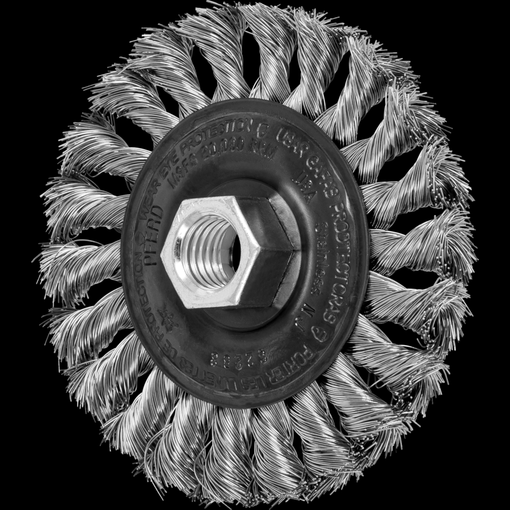 PFERD Standard Twist Knot Wire Wheel Brush 4&#34; Dia. .014 Stainless Steel 5/8-11&#34; Thread<span class=' ItemWarning' style='display:block;'>Item is usually in stock, but we&#39;ll be in touch if there&#39;s a problem<br /></span>