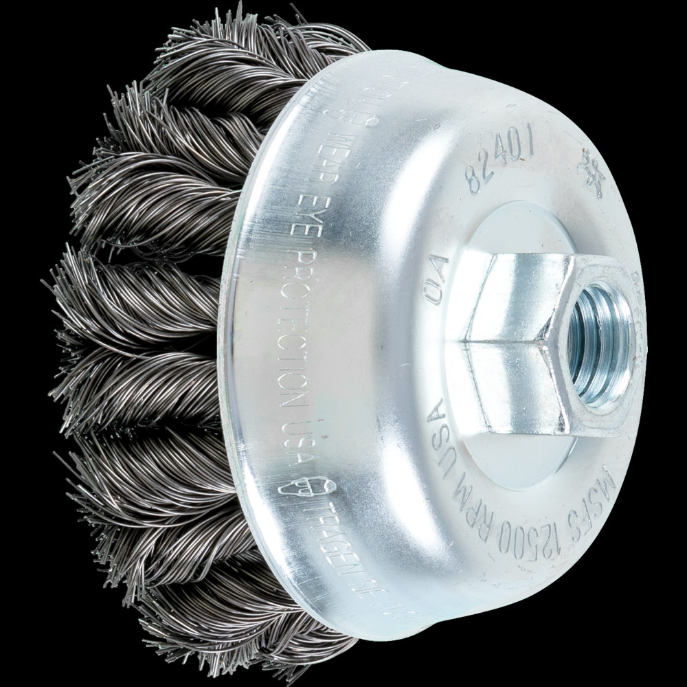 PFERD COMBITWIST® Knot Wire Cup Brush 3-1/2&#34; Dia. .014 Carbon Steel 5/8-11&#34; Thread<span class=' ItemWarning' style='display:block;'>Item is usually in stock, but we&#39;ll be in touch if there&#39;s a problem<br /></span>